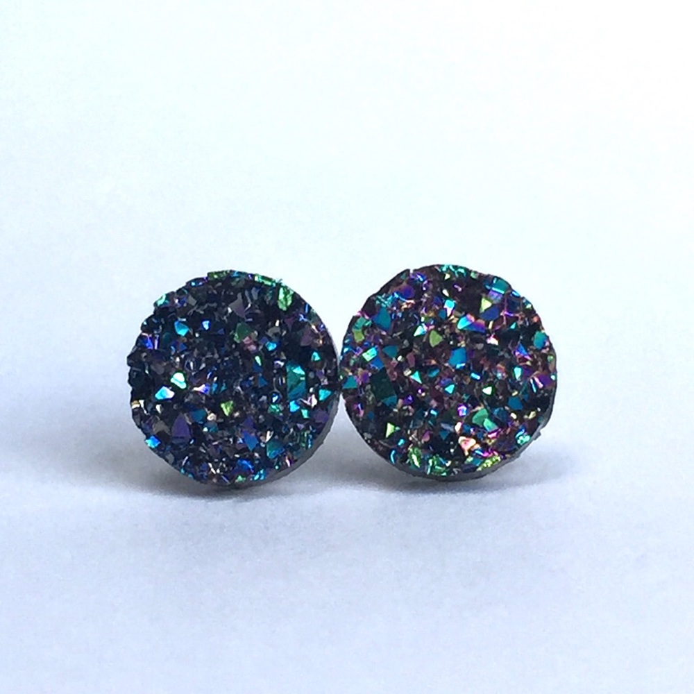 Druzy Small Iridescent Purple Round Stud Earrings